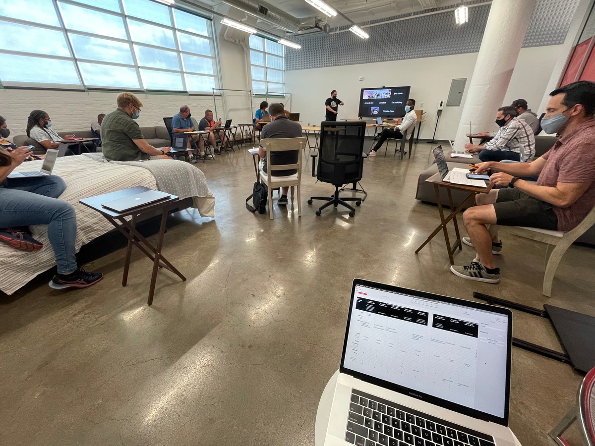 A production meeting under COVID-era protocols