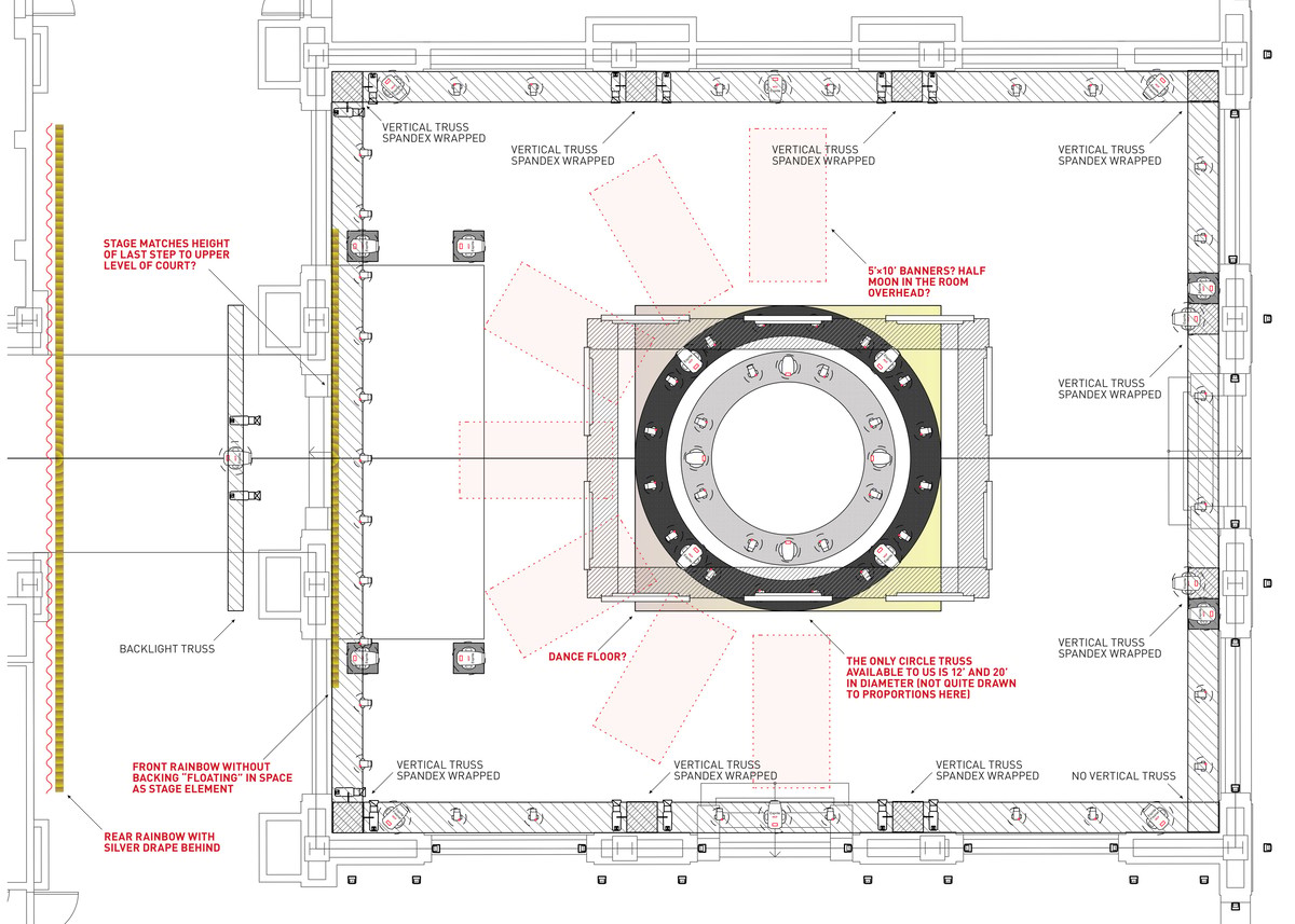 On-set annotated revision of the gala lighting plot