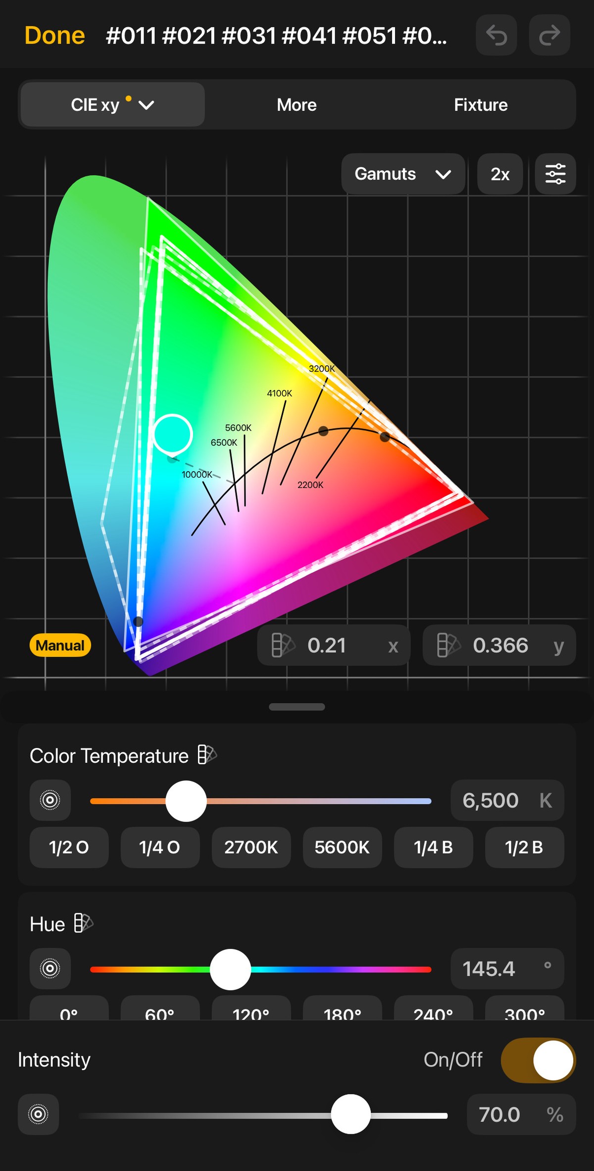 Slyyd app — CIE xy chromaticity diagram with gamut overlay