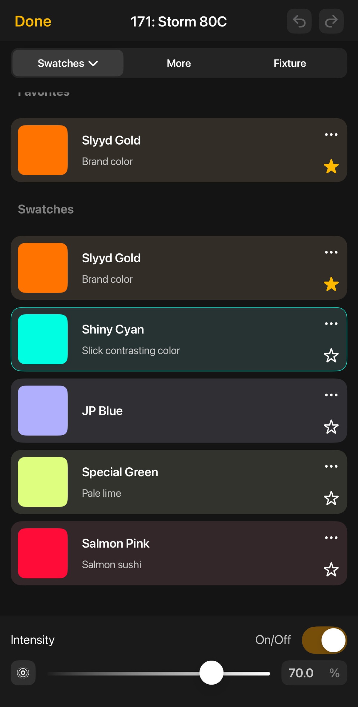 Slyyd app — named color swatches library, Storm 80C selected