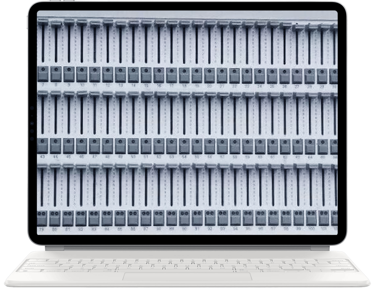 A full lighting console's fader bank crammed onto a tablet — dense and unusable