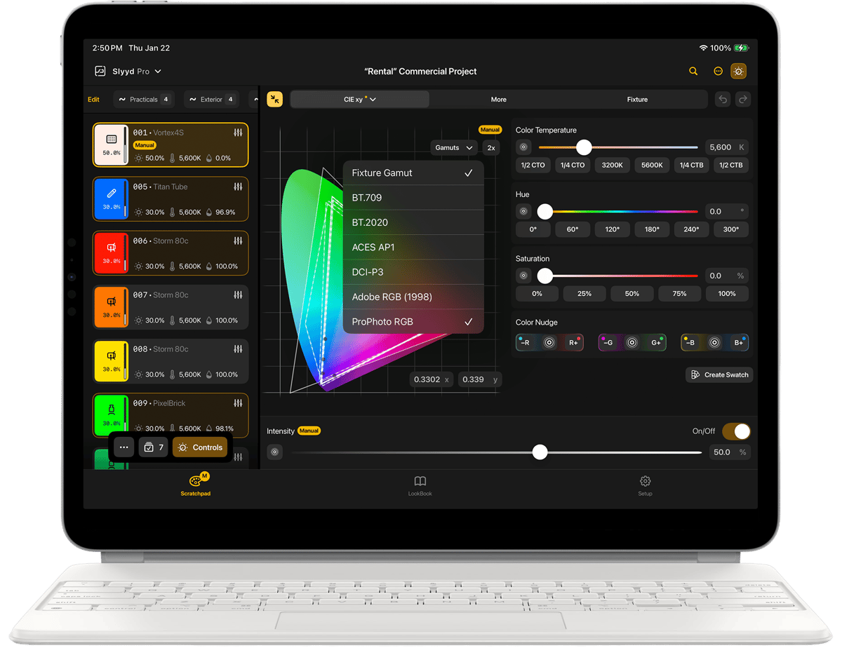 Slyyd on the same iPad — color and gamut controls, app-first
