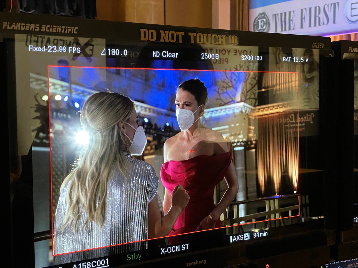 DIT monitor showing two masked actresses mid-take, Season Seven set