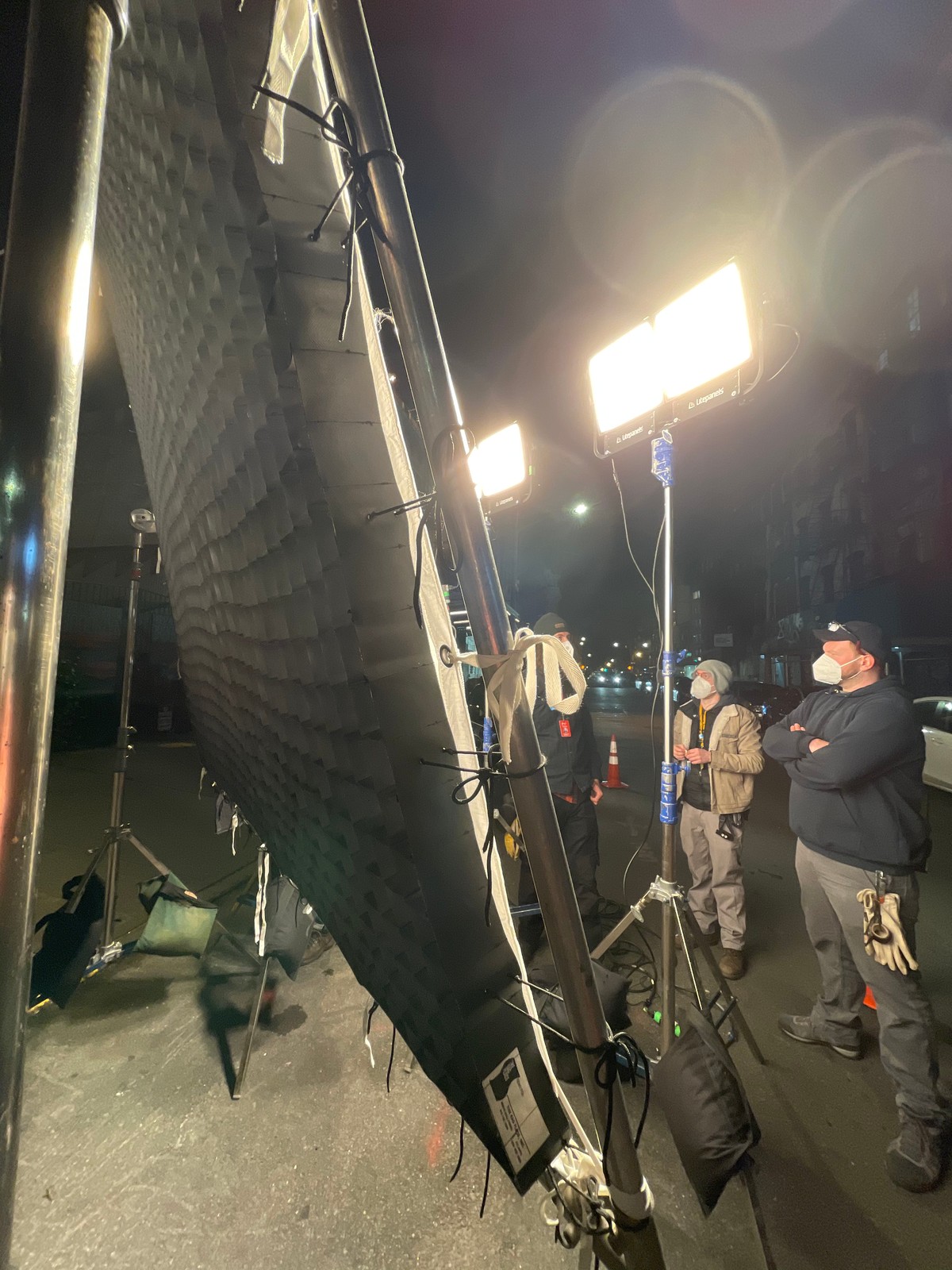 Wireless-controllable LED soft panel on a stand with diffusion frame, Season Seven on-set rigging