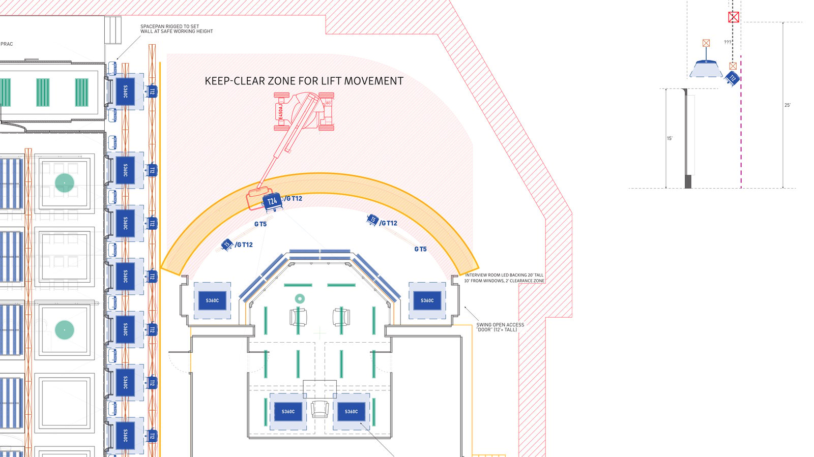Lighting plot — Rikers VP interview room (Ever's Blueberry N2) with T24 sun-shadow sweep arc — The Crowded Room
