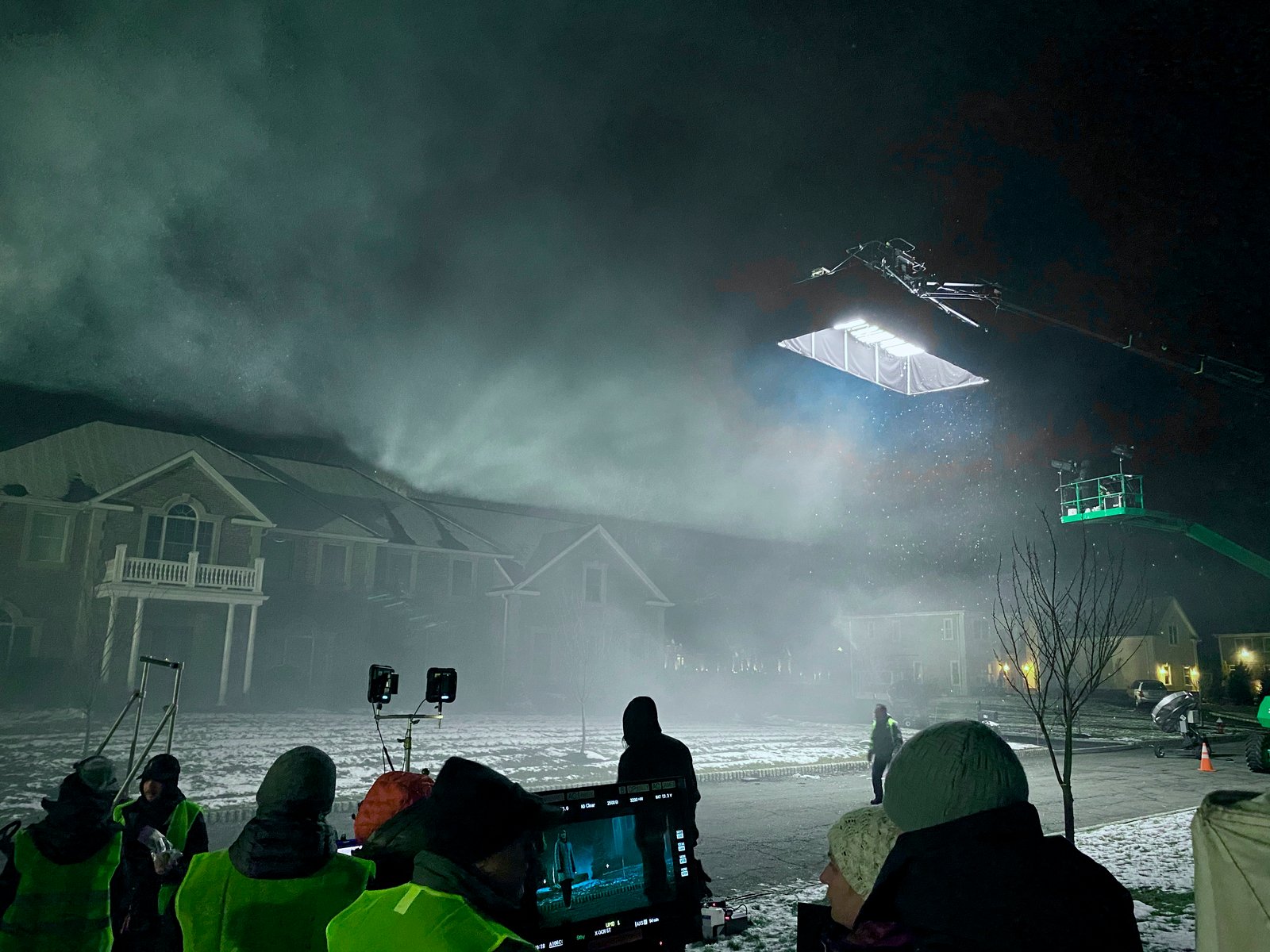 Night exterior production shoot — crane moonbox, snow, atmospheric fog — Monsterland (Hulu)