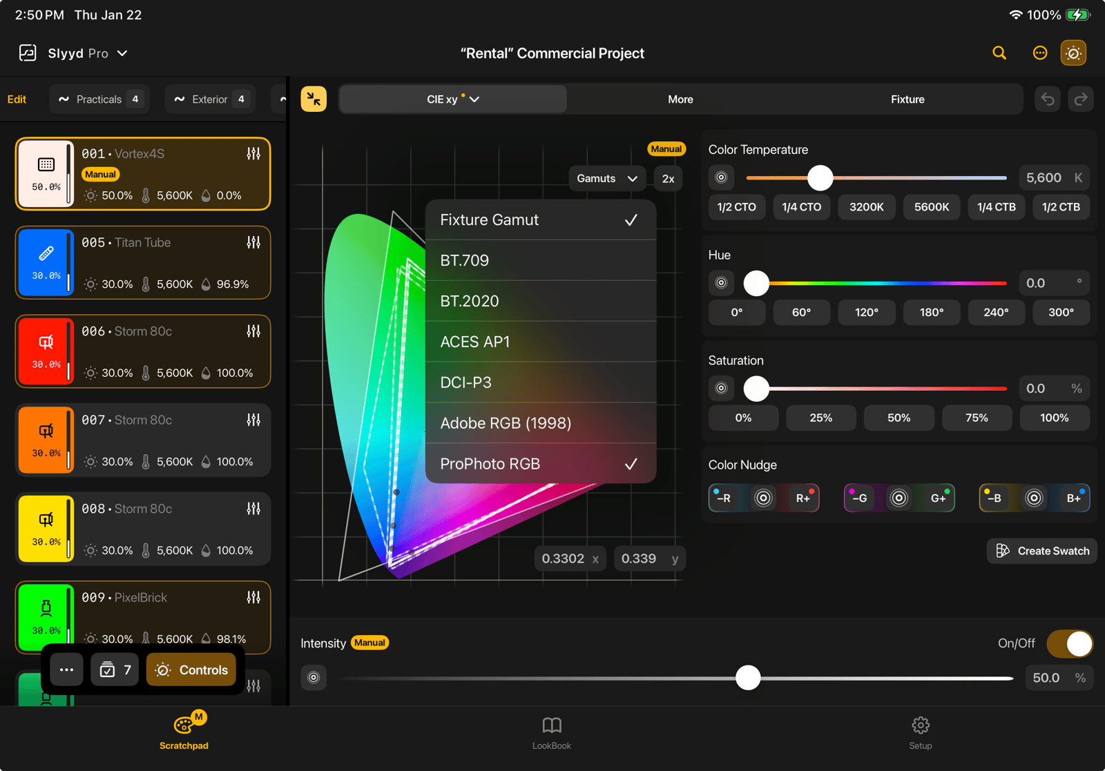 Slyyd — color calibration interface for verifying fixture output against stored profile