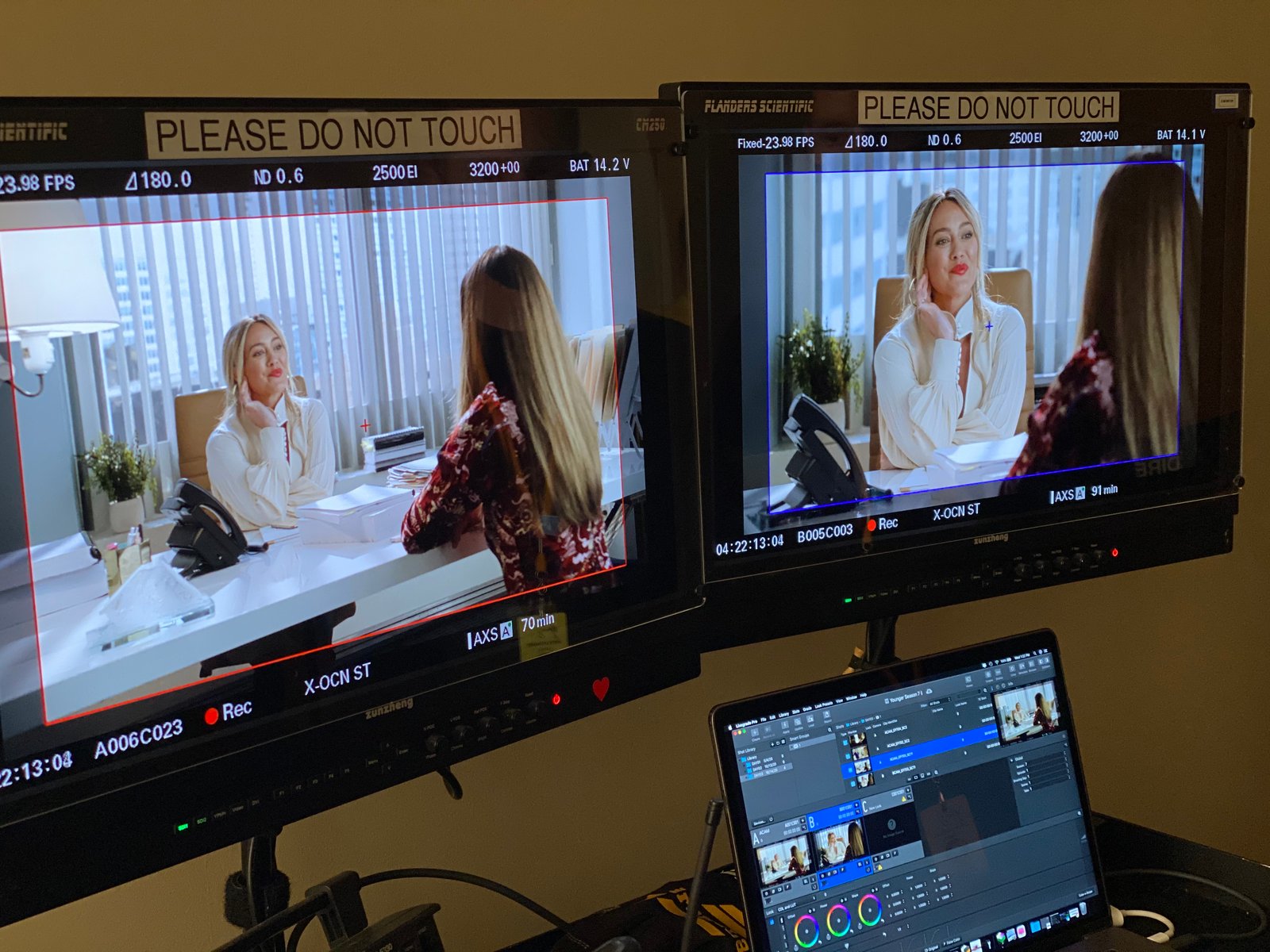 DIT cart in executive office — two Flanders Scientific monitors showing the take from two angles